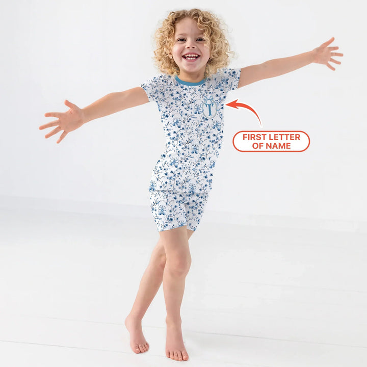 Custom Blue Chinoiserie Teddy Two Piece Short Sleeve Shorts Pajama Set , Custom Blue Chinoiserie Teddy Two Piece Short Sleeve Shorts Pajama Set - 12-18M