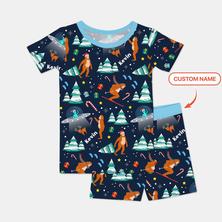 Custom Christmas Bigfoot Two Piece Short Sleeve Shorts Pajama Set , Custom Christmas Bigfoot Two Piece Short Sleeve Shorts Pajama Set - 12-18M