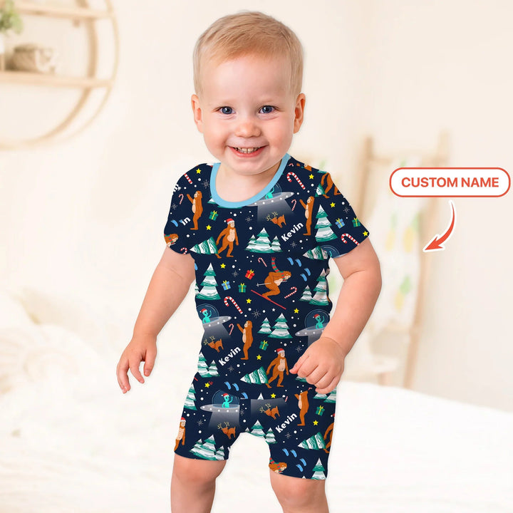 Custom Christmas Bigfoot Two Piece Short Sleeve Shorts Pajama Set , Custom Christmas Bigfoot Two Piece Short Sleeve Shorts Pajama Set - 12-18M
