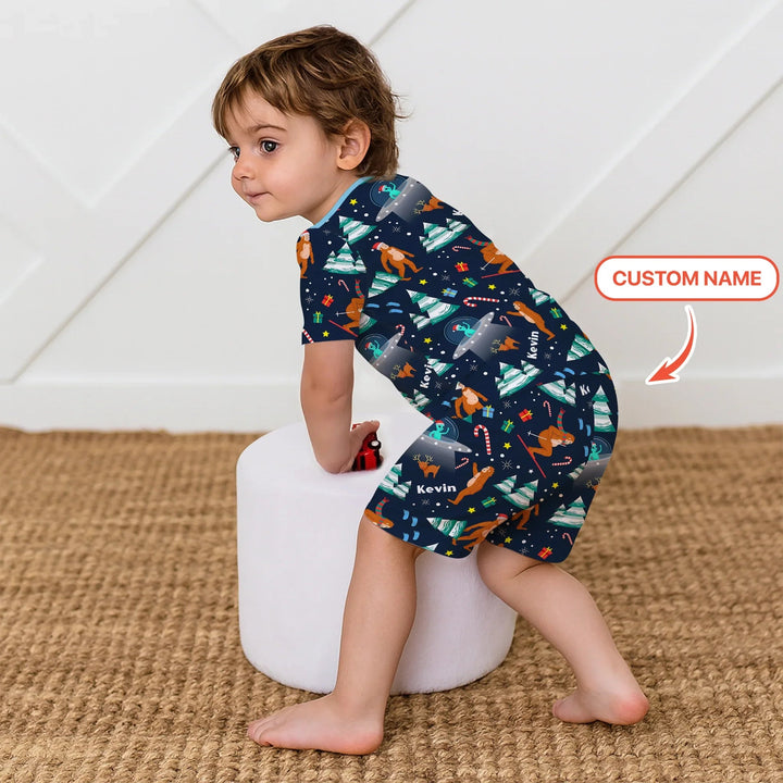 Custom Christmas Bigfoot Two Piece Short Sleeve Shorts Pajama Set , Custom Christmas Bigfoot Two Piece Short Sleeve Shorts Pajama Set - 12-18M