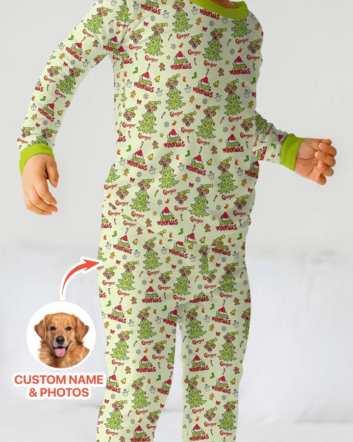 Custom Dog Photo Merry Woofmas Two Piece Long Sleeve Pajama Set - Zumbamboo