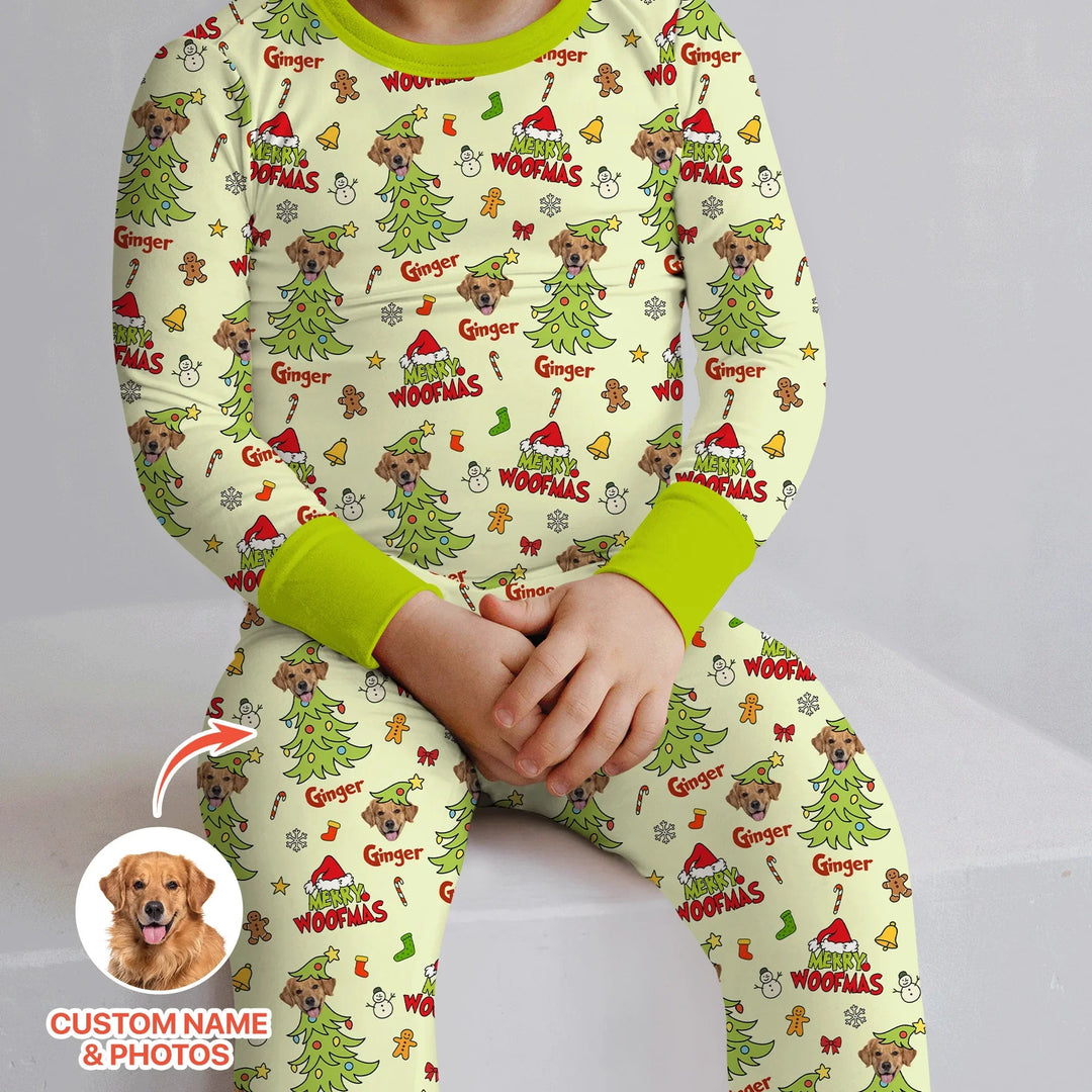 Custom Dog Photo Merry Woofmas Two Piece Long Sleeve Pajama Set - Zumbamboo