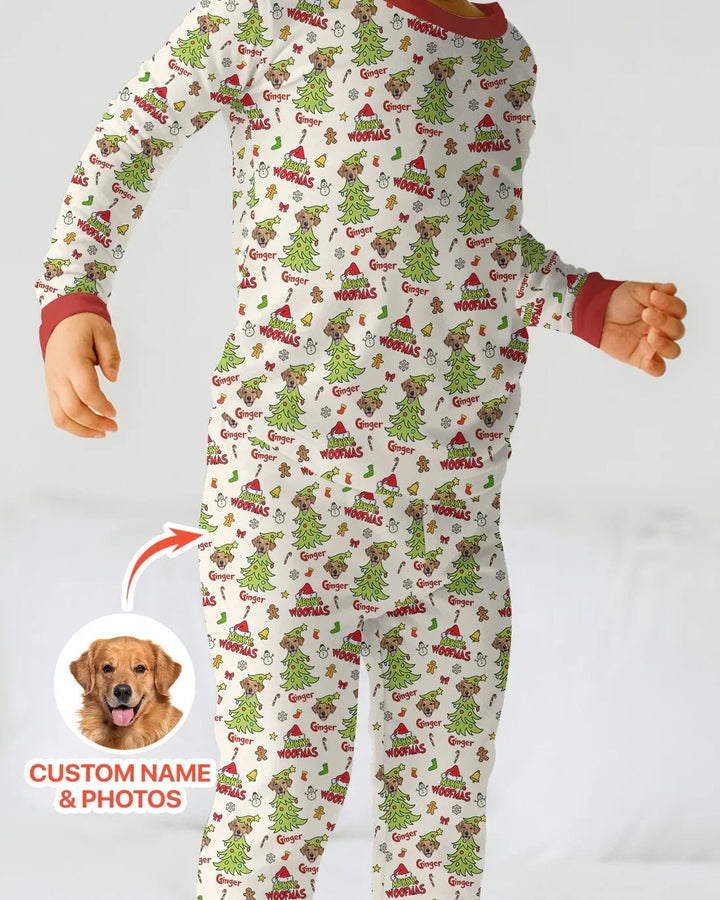 Custom Dog Photo Merry Woofmas Two Piece Long Sleeve Pajama Set - Zumbamboo