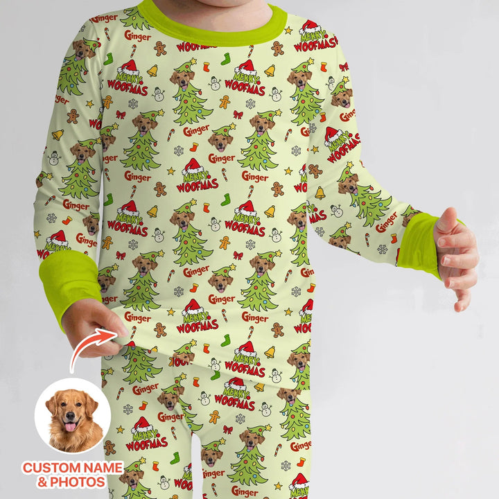 Custom Dog Photo Merry Woofmas Two Piece Long Sleeve Pajama Set - Zumbamboo