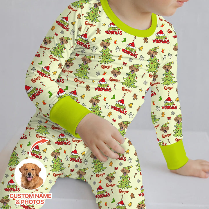 Custom Dog Photo Merry Woofmas Two Piece Long Sleeve Pajama Set - Zumbamboo