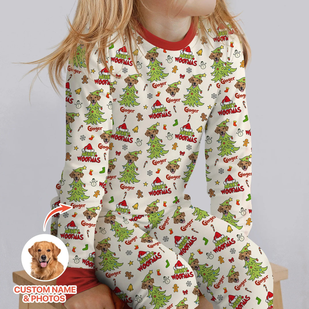 Custom Dog Photo Merry Woofmas Two Piece Long Sleeve Pajama Set - Zumbamboo