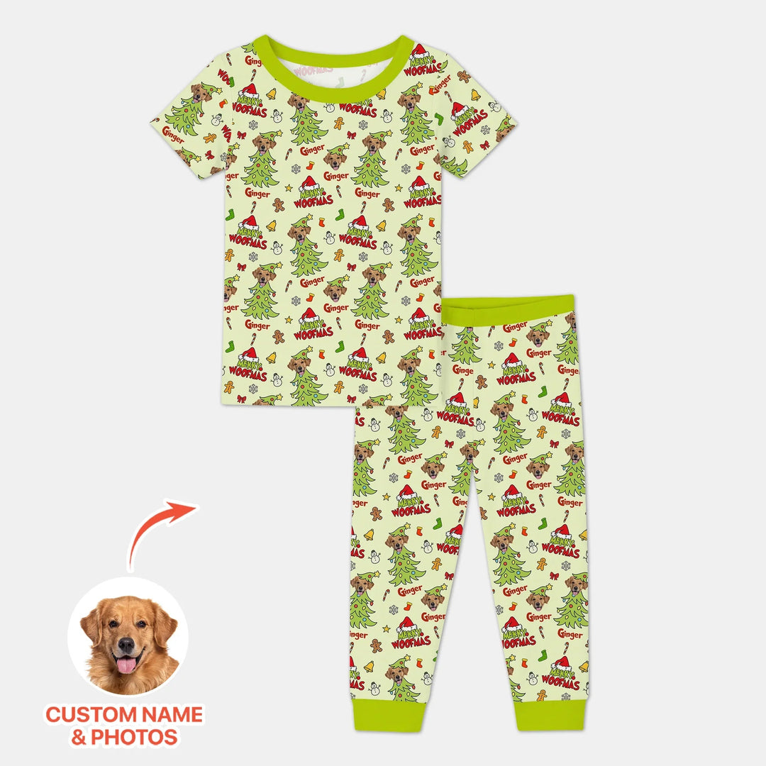 Custom Dog Photo Merry Woofmas Two Piece Short Sleeve Pajama Set - Zumbamboo