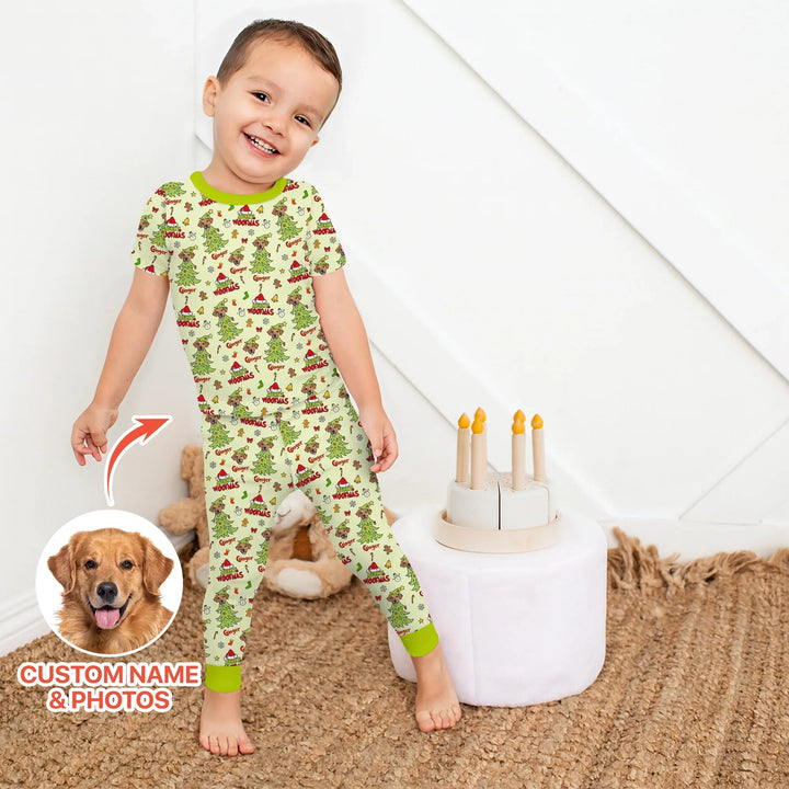 Custom Dog Photo Merry Woofmas Two Piece Short Sleeve Pajama Set - Zumbamboo