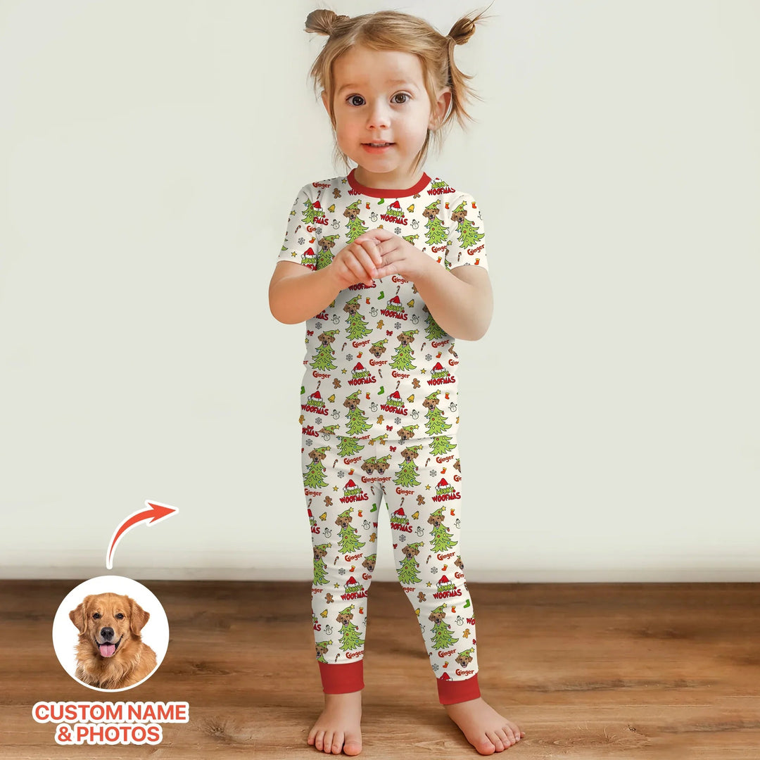 Custom Dog Photo Merry Woofmas Two Piece Short Sleeve Pajama Set - Zumbamboo