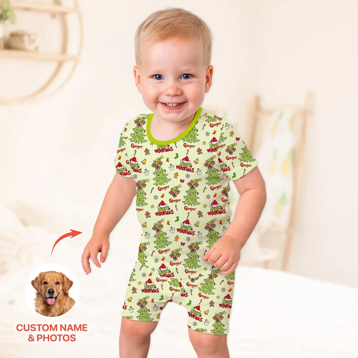 Custom Dog Photo Merry Woofmas Two Piece Short Sleeve Shorts Pajama Set , Custom Dog Photo Merry Woofmas Two Piece Short Sleeve Shorts Pajama Set - 12-18M