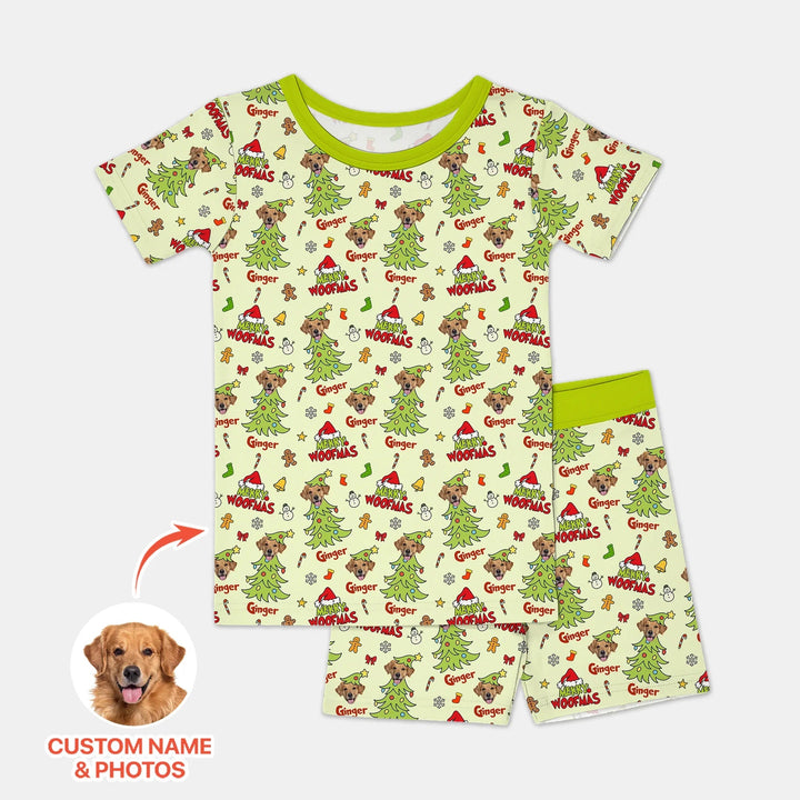 Custom Dog Photo Merry Woofmas Two Piece Short Sleeve Shorts Pajama Set , Custom Dog Photo Merry Woofmas Two Piece Short Sleeve Shorts Pajama Set - 12-18M