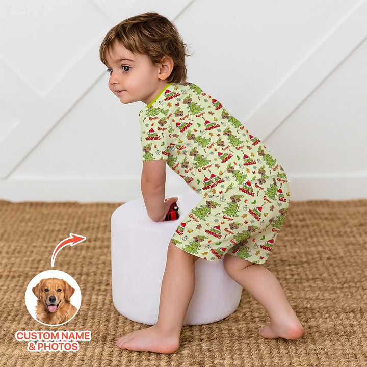 Custom Dog Photo Merry Woofmas Two Piece Short Sleeve Shorts Pajama Set , Custom Dog Photo Merry Woofmas Two Piece Short Sleeve Shorts Pajama Set - 12-18M