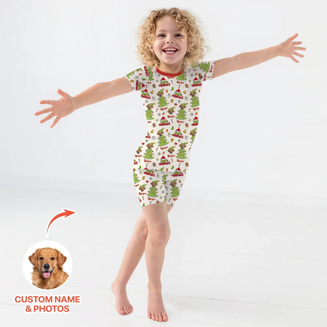 Custom Dog Photo Merry Woofmas Two Piece Short Sleeve Shorts Pajama Set , Custom Dog Photo Merry Woofmas Two Piece Short Sleeve Shorts Pajama Set - 12-18M