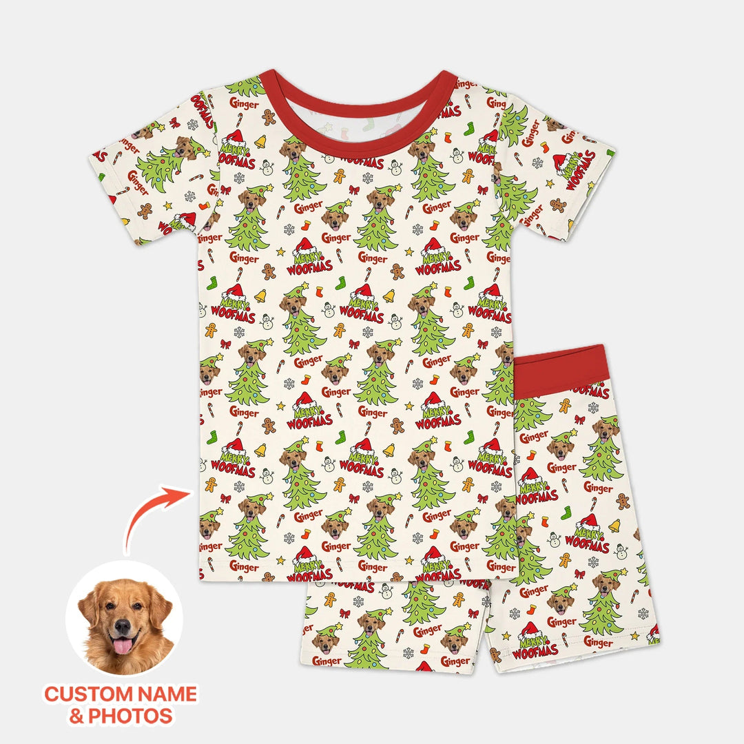 Custom Dog Photo Merry Woofmas Two Piece Short Sleeve Shorts Pajama Set , Custom Dog Photo Merry Woofmas Two Piece Short Sleeve Shorts Pajama Set - 12-18M