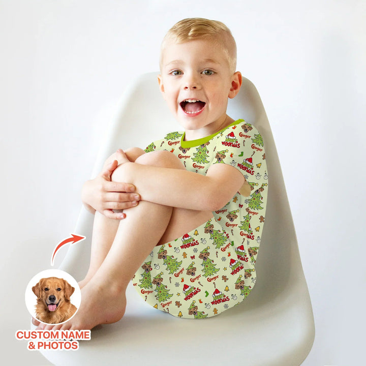 Custom Dog Photo Merry Woofmas Two Piece Short Sleeve Shorts Pajama Set , Custom Dog Photo Merry Woofmas Two Piece Short Sleeve Shorts Pajama Set - 12-18M