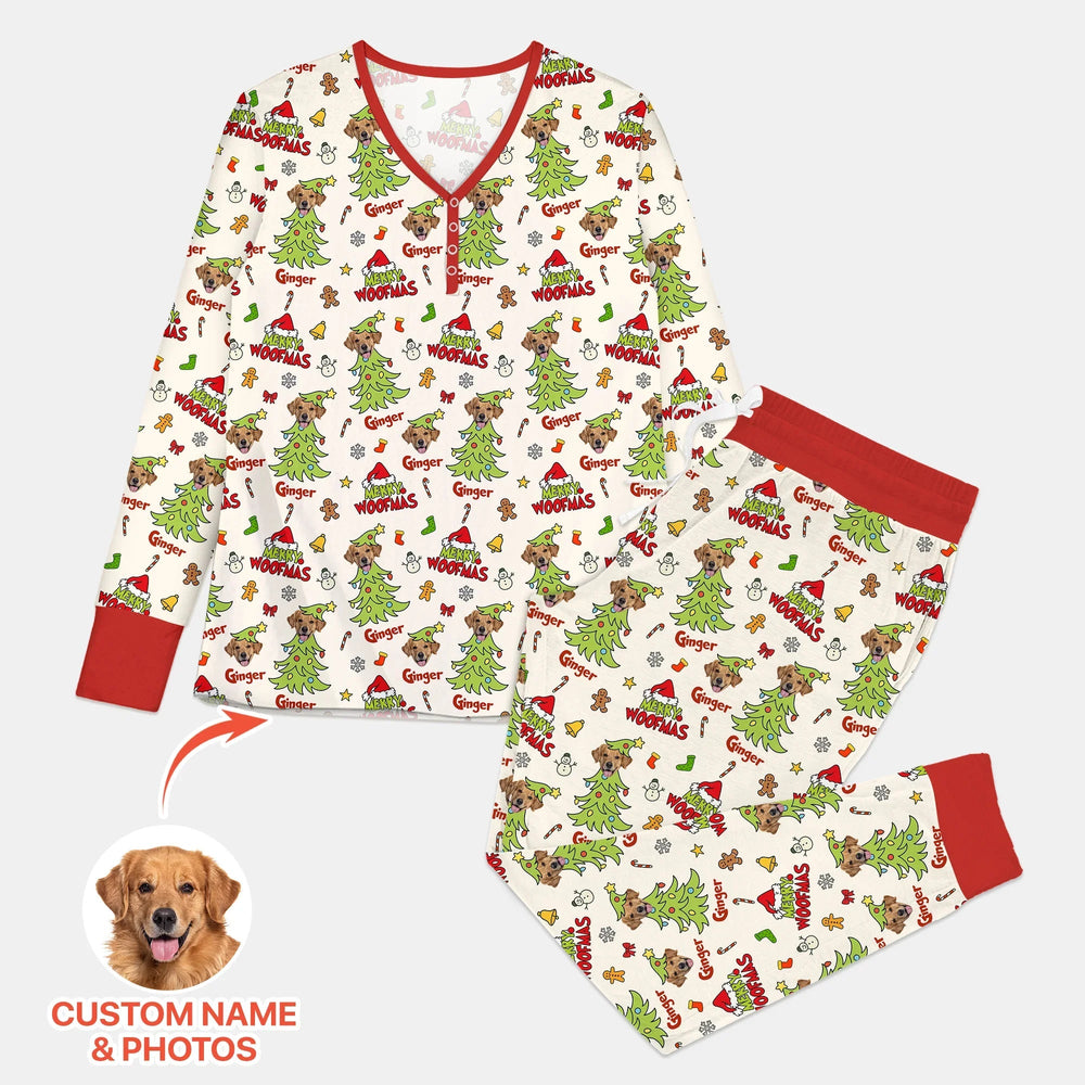 Custom Dog Photo Merry Woofmas Women Pajama Set - Zumbamboo