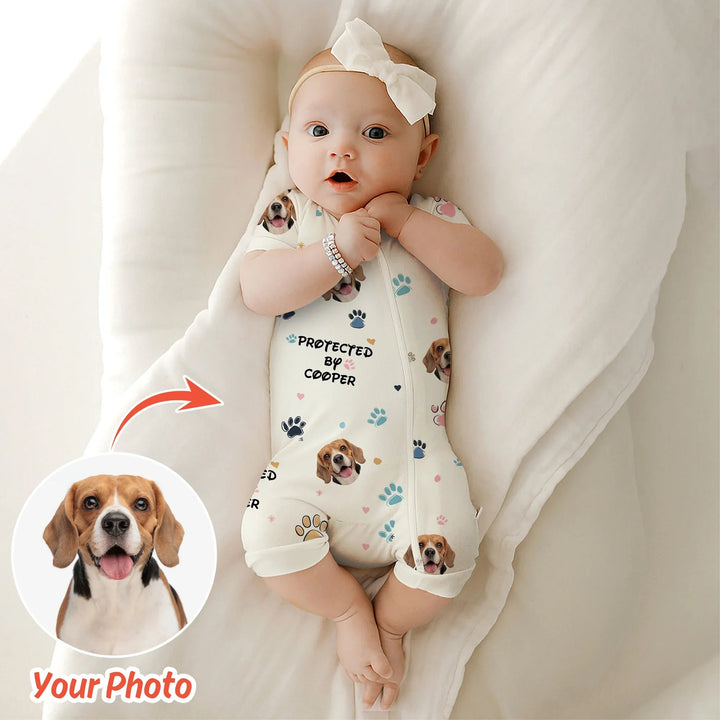 Custom Dog Photo Pattern "Protected By" Shorty Zippered Romper - Zumbamboo