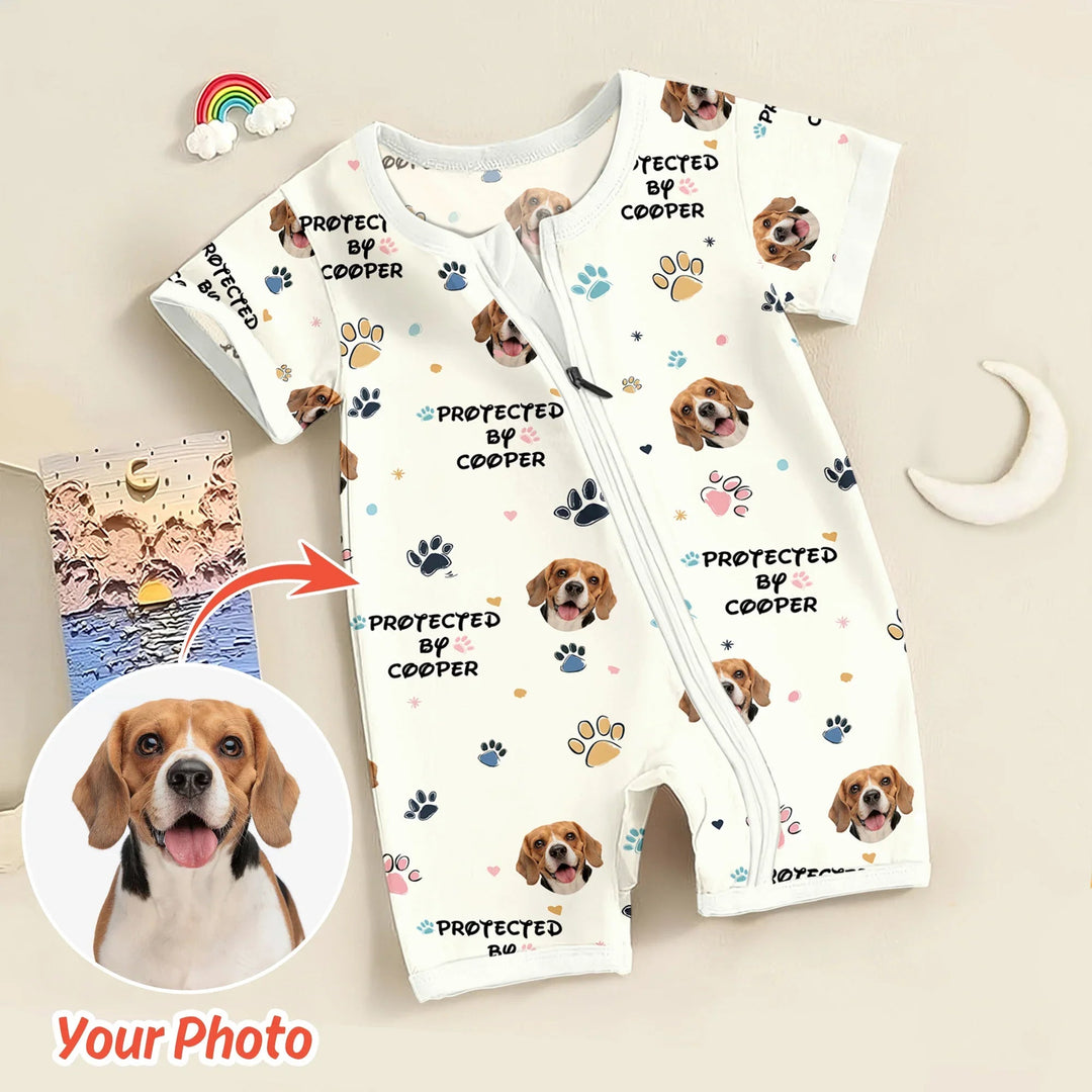 Custom Dog Photo Pattern "Protected By" Shorty Zippered Romper - Zumbamboo