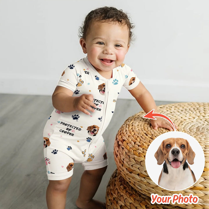 Custom Dog Photo Pattern "Protected By" Shorty Zippered Romper - Zumbamboo