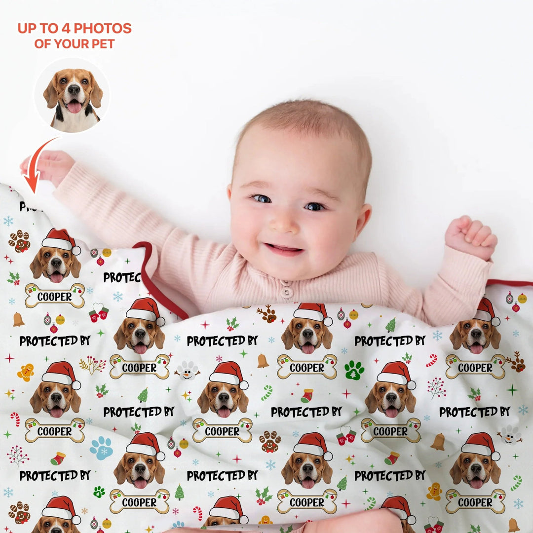 Custom Dog Photo "Protected By" Christmas Toddler Blanket - Zumbamboo