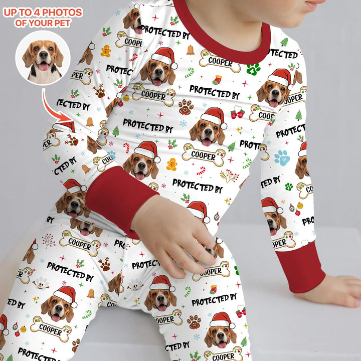 Custom Dog Photo "Protected By" Christmas Two Piece Long Sleeve Pajama Set - Zumbamboo