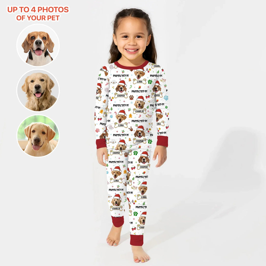 Custom Dog Photo "Protected By" Christmas Two Piece Long Sleeve Pajama Set - Zumbamboo