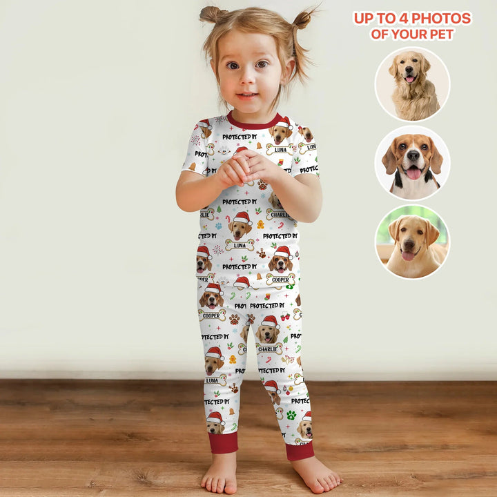 Custom Dog Photo "Protected By" Christmas Two Piece Short Sleeve Pajama Set - Zumbamboo