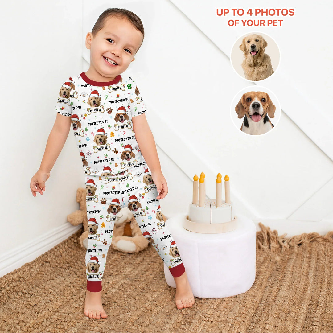 Custom Dog Photo "Protected By" Christmas Two Piece Short Sleeve Pajama Set - Zumbamboo