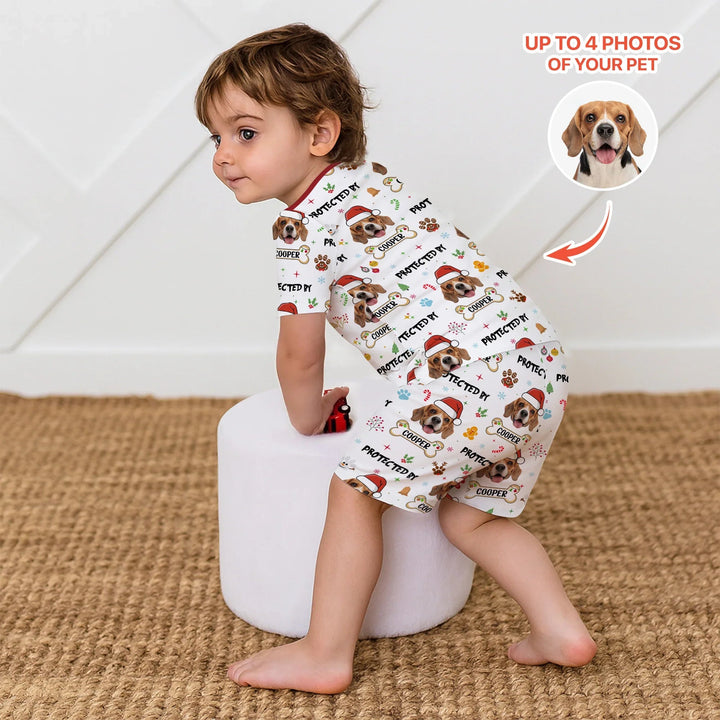 Custom Dog Photo "Protected By" Christmas Two Piece Short Sleeve Shorts Pajama Set - Zumbamboo