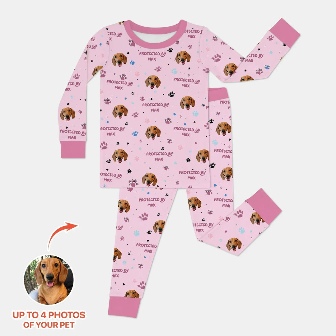 Custom Dog Photos "Protected By" Pawfect Blue Two Piece Long Sleeve Pajama Set - Zumbamboo