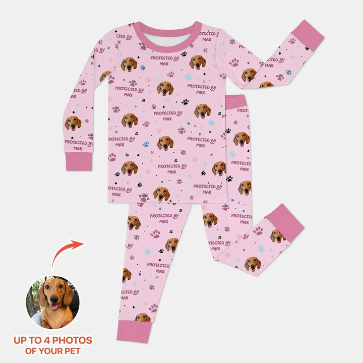 Custom Dog Photos "Protected By" Pawfect Blue Two Piece Long Sleeve Pajama Set - Zumbamboo