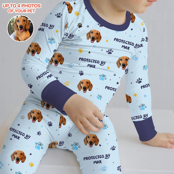 Custom Dog Photos "Protected By" Pawfect Blue Two Piece Long Sleeve Pajama Set - Zumbamboo