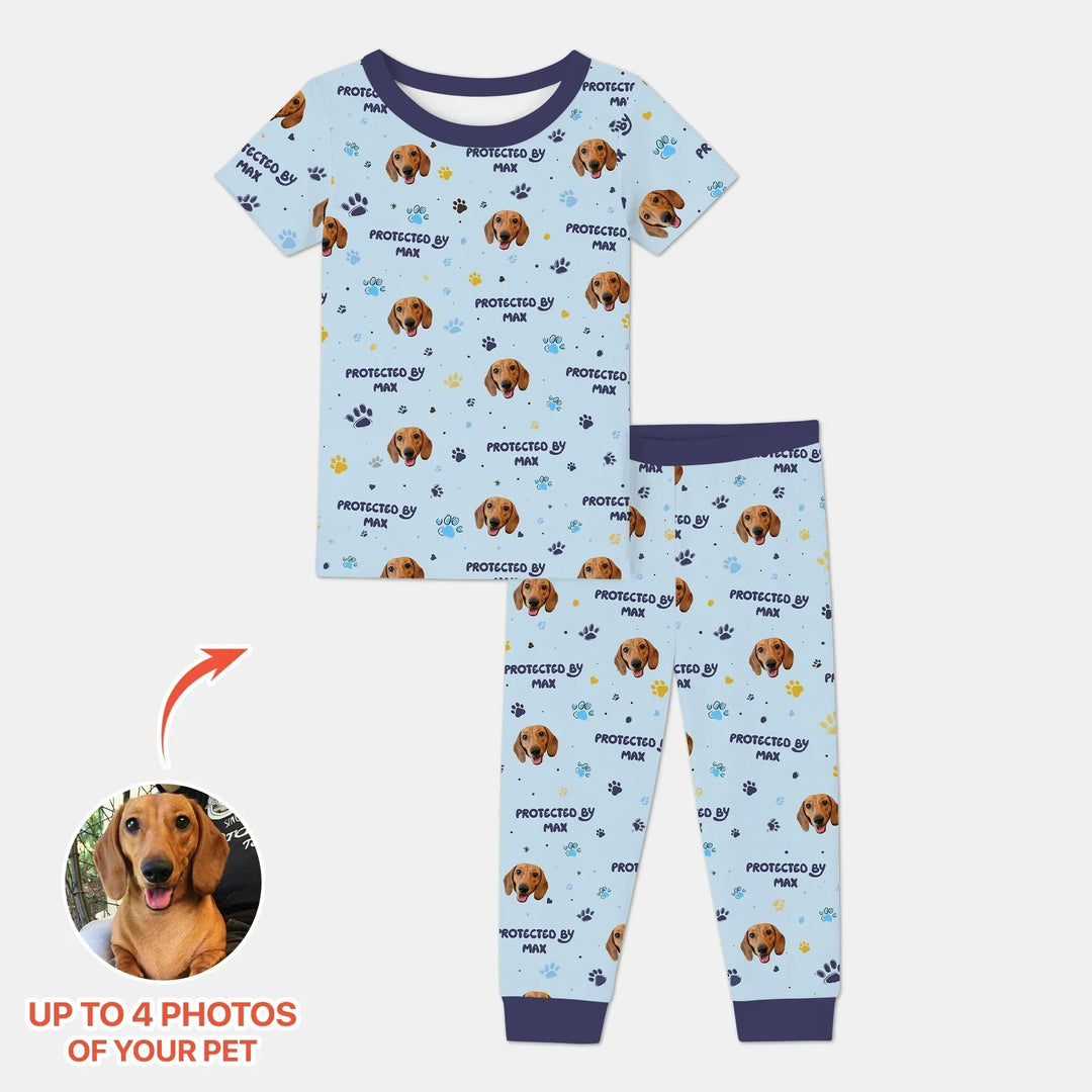 Custom Dog Photos "Protected By" Pawfect Blue Two Piece Short Sleeve Pajama Set - Zumbamboo