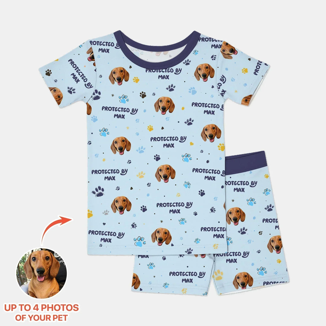 Custom Dog Photos "Protected By" Pawfect Blue Two Piece Short Sleeve Shorts Pajama Set - Zumbamboo