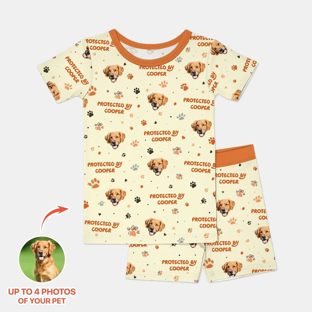 Custom Dog Photos "Protected By" Pawfect Blue Two Piece Short Sleeve Shorts Pajama Set - Zumbamboo