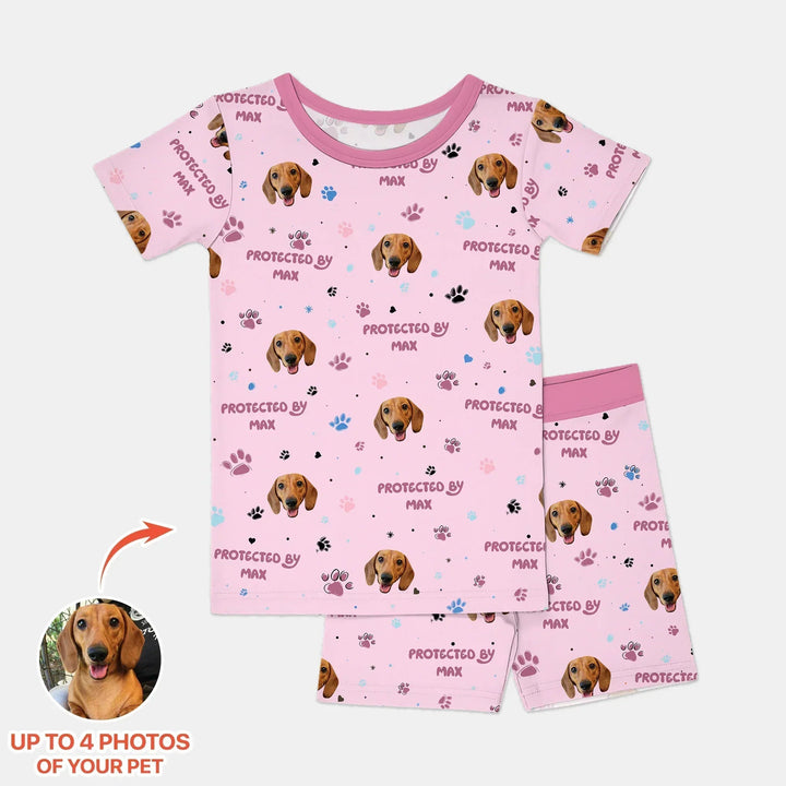 Custom Dog Photos "Protected By" Pawfect Blue Two Piece Short Sleeve Shorts Pajama Set - Zumbamboo