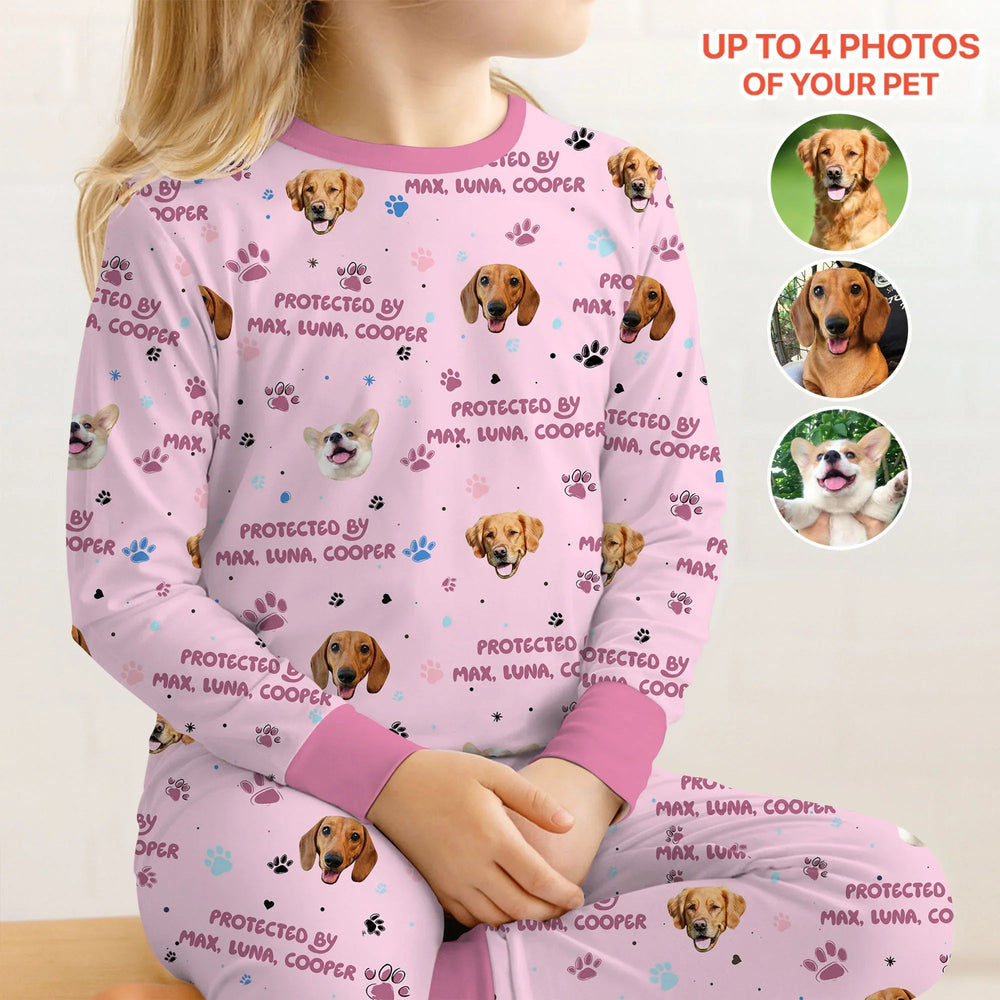 Custom Dog Photos "Protected By" Pawfect Pink Two Piece Long Sleeve Pajama Set - Zumbamboo