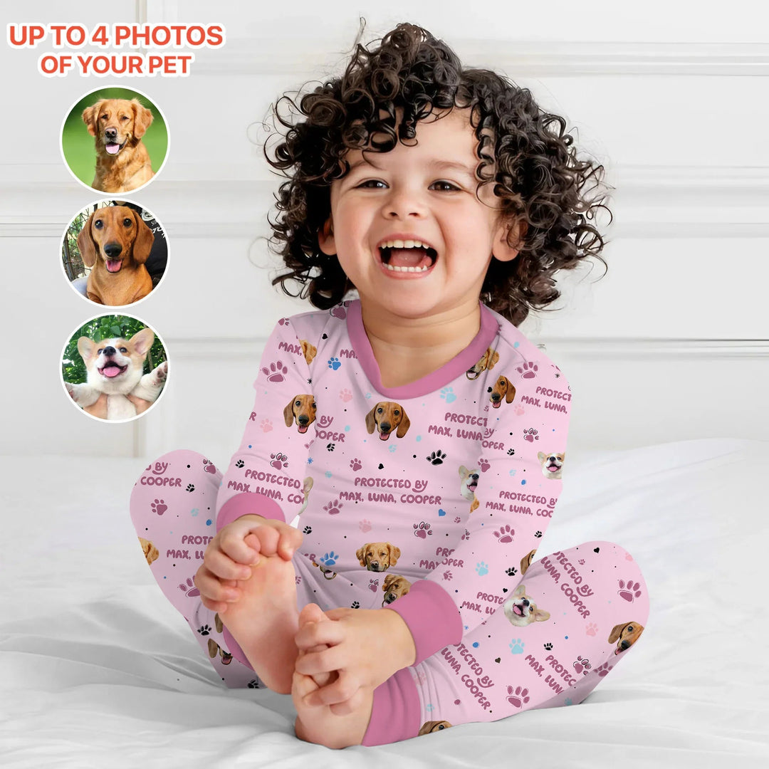 Custom Dog Photos "Protected By" Pawfect Pink Two Piece Long Sleeve Pajama Set - Zumbamboo