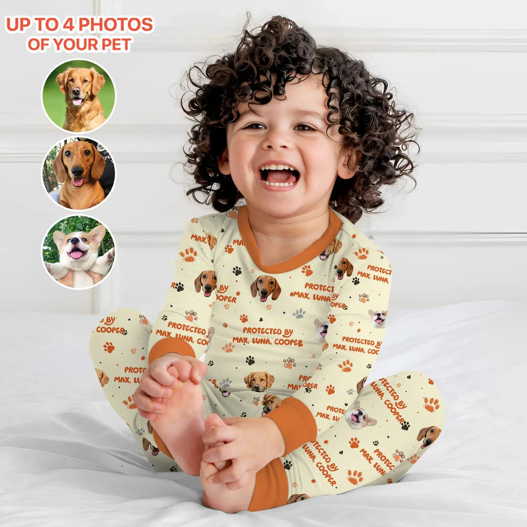 Custom Dog Photos "Protected By" Pawfect Yellow Two Piece Long Sleeve Pajama Set - Zumbamboo