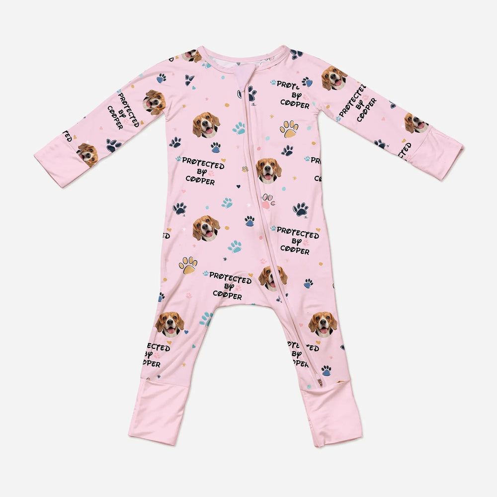 Custom Dogs Photo "Protected By" Convertible Zippered Romper , Custom Dogs Photo "Protected By" Convertible Zippered Romper - 0-3M