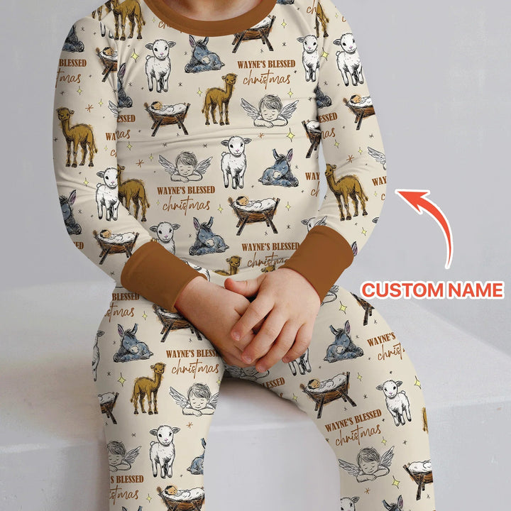 Custom Name Baby Blessed Christmas Two Piece Long Sleeve Pajama Set - Zumbamboo