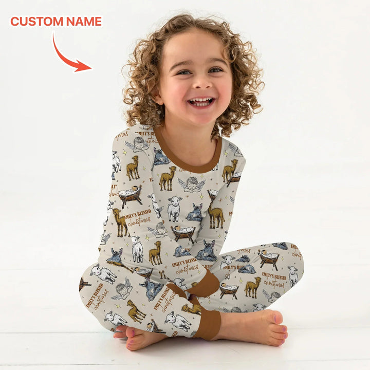 Custom Name Baby Blessed Christmas Two Piece Long Sleeve Pajama Set - Zumbamboo