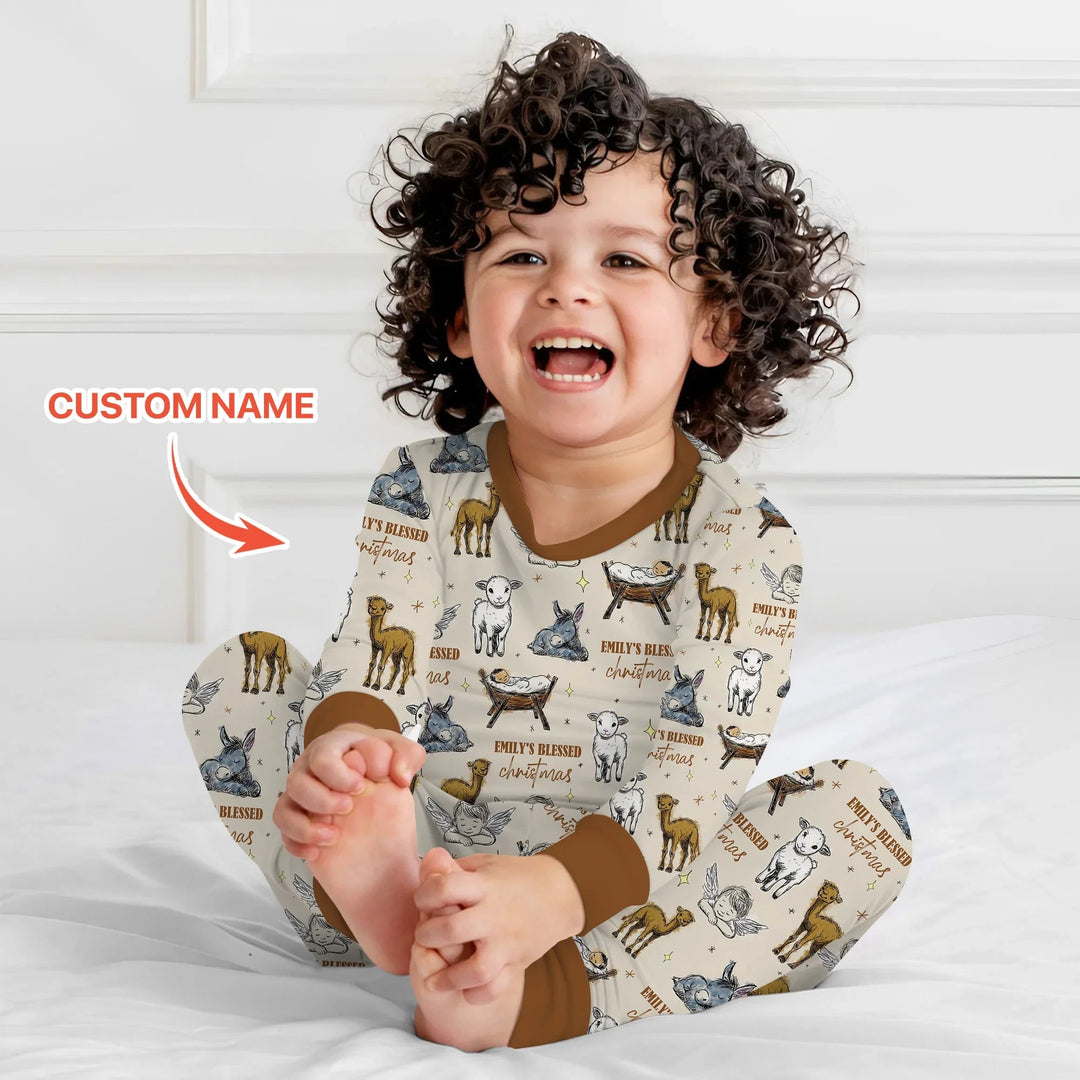Custom Name Baby Blessed Christmas Two Piece Long Sleeve Pajama Set - Zumbamboo