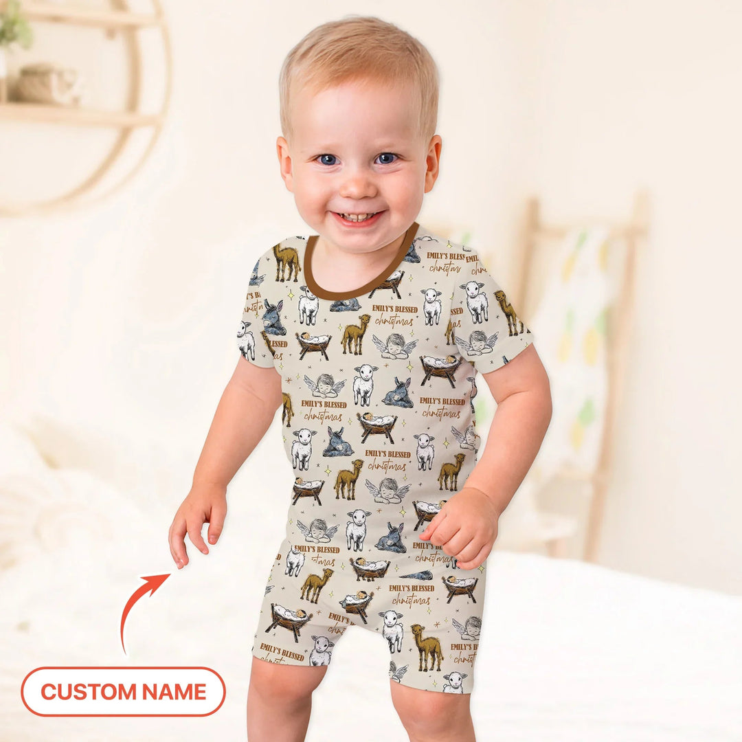 Custom Name Baby Blessed Christmas Two Piece Short Sleeve Shorts Pajama Set - Zumbamboo