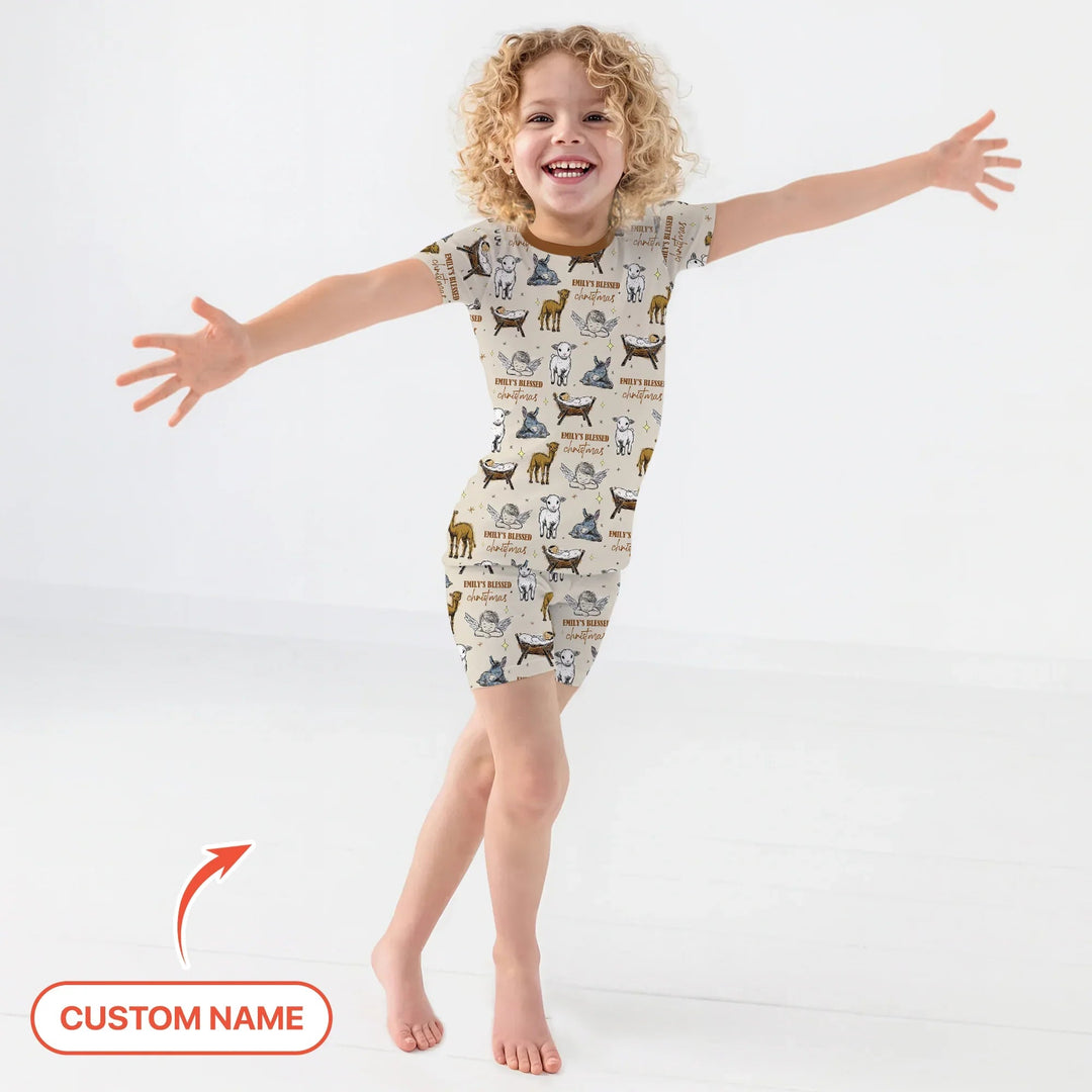 Custom Name Baby Blessed Christmas Two Piece Short Sleeve Shorts Pajama Set - Zumbamboo