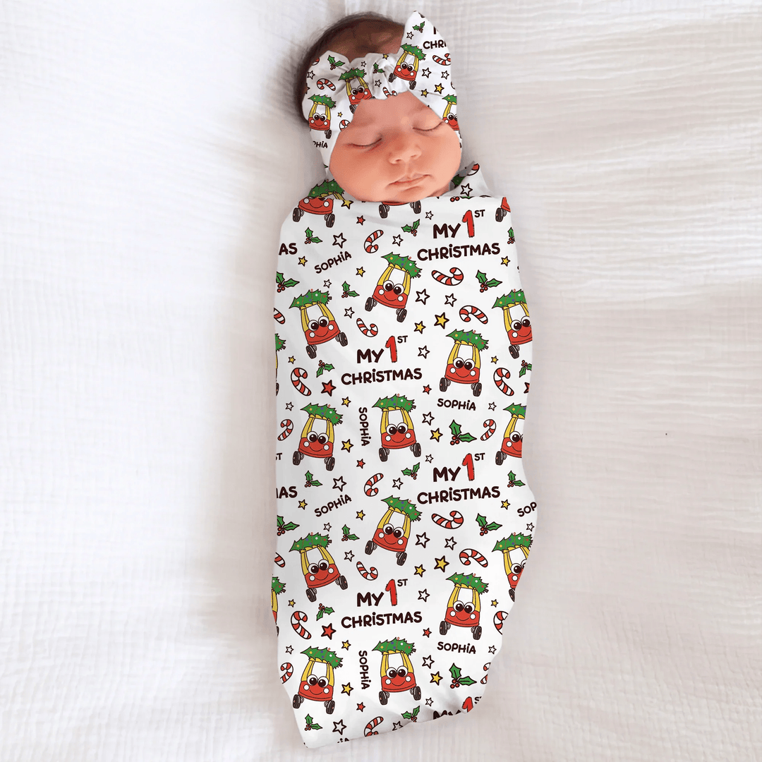 Custom Name Baby Car My 1st Christmas Swaddle Blanket - Zumbamboo
