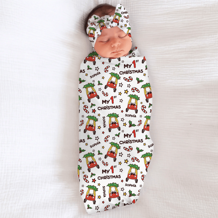 Custom Name Baby Car My 1st Christmas Swaddle Blanket - Zumbamboo