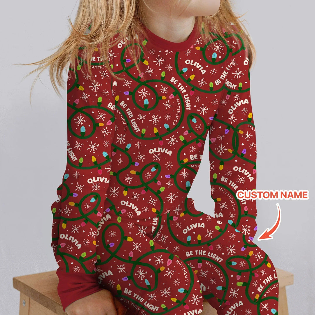 Custom Name Be The Light Christmas Two Piece Long Sleeve Pajama Set - Zumbamboo