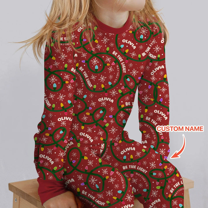 Custom Name Be The Light Christmas Two Piece Long Sleeve Pajama Set - Zumbamboo