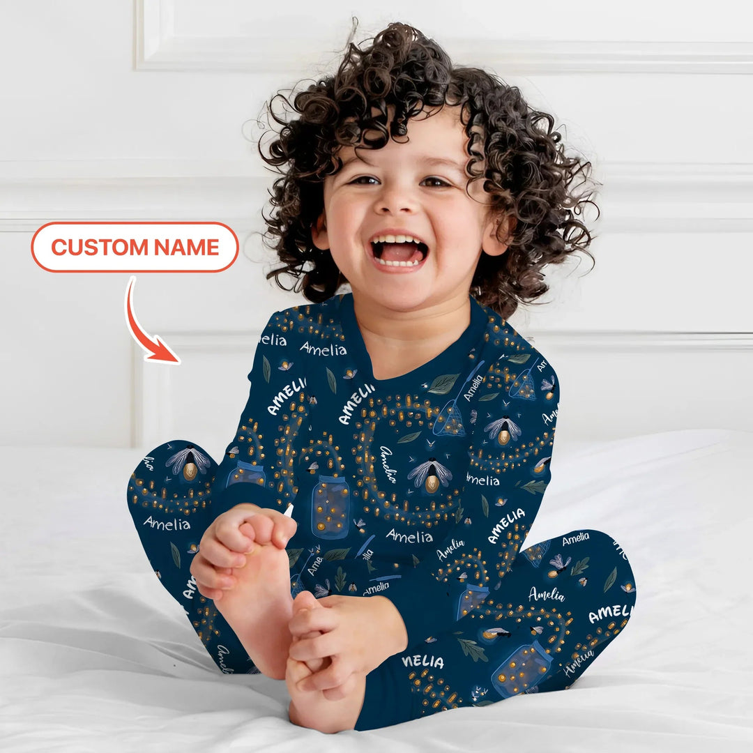 Custom Name Catching Fireflies Two Piece Long Sleeve Pajama Set - Zumbamboo